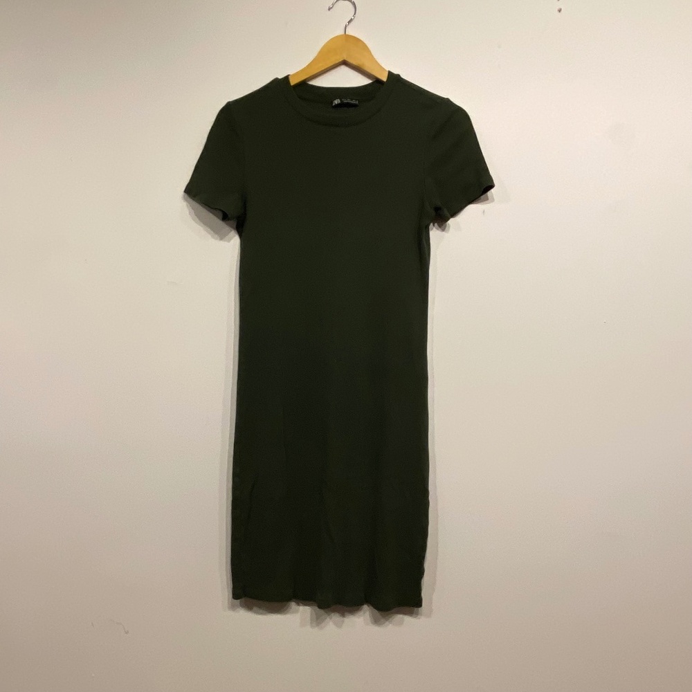 Zara Dark Green Ribbed Crew Neck Minimalist Bodycon Midi Dress Size Large